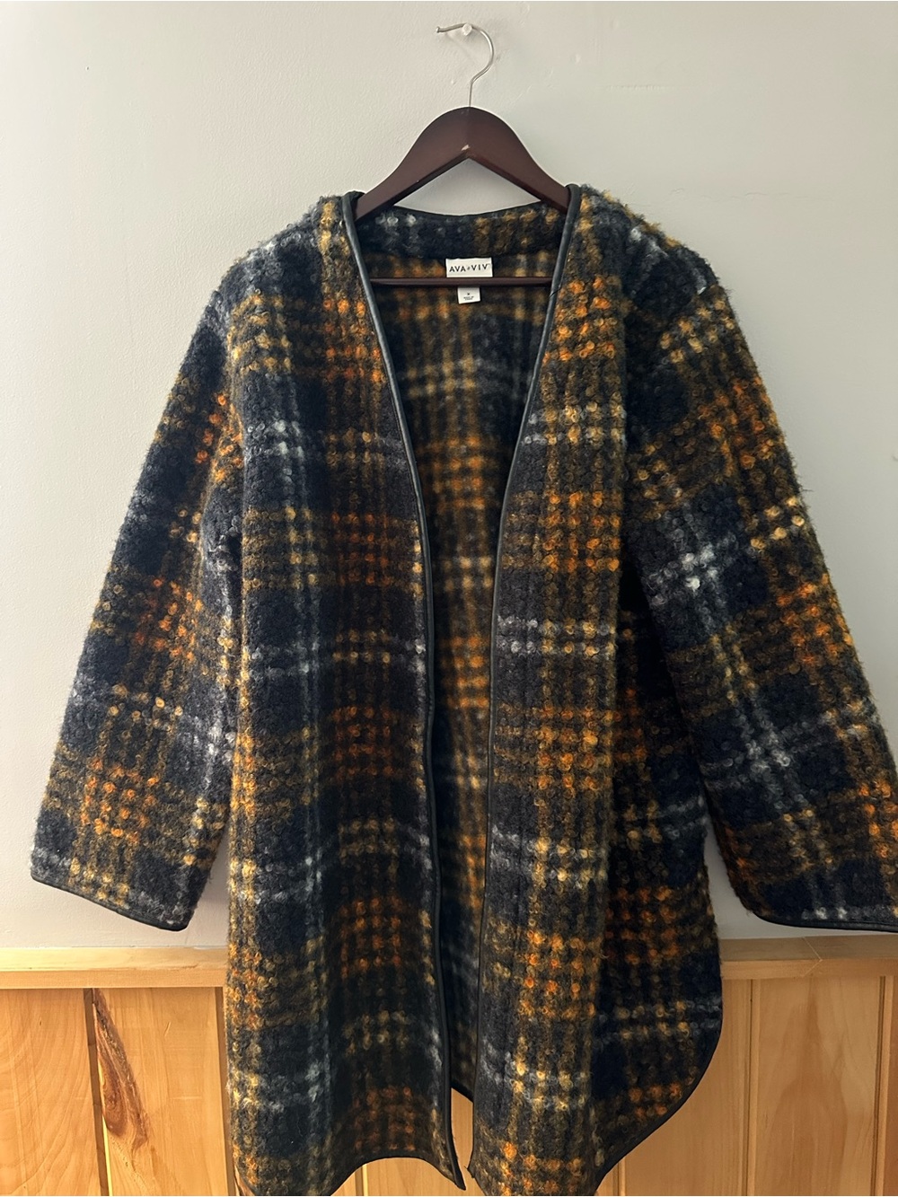Ava & Viv Black and Mustard Plaid Open-Front Coat